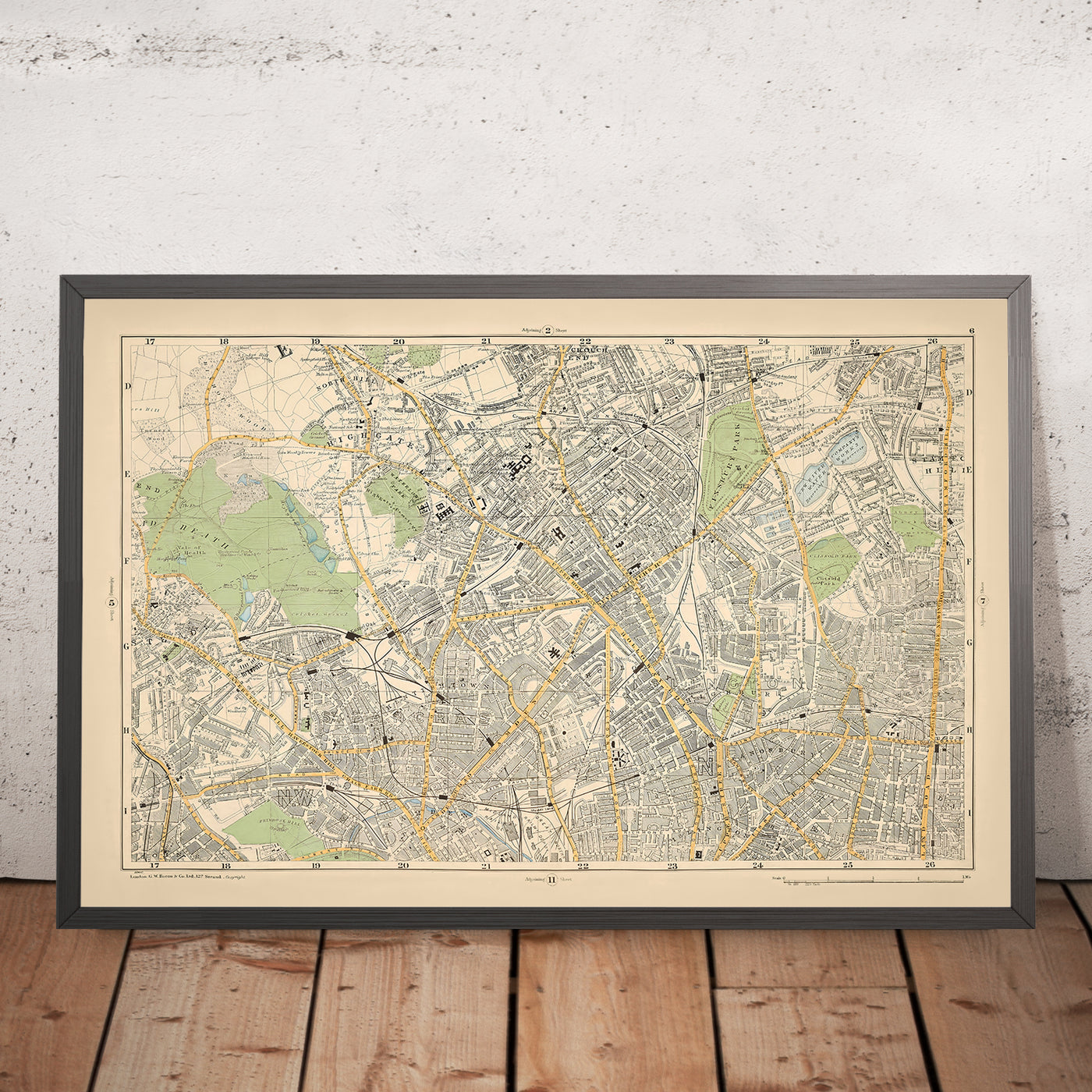 Mapa antiguo de Londres, 1900: Hampstead Heath, Camden, Highgate, Finsbury Park, Stoke Newington