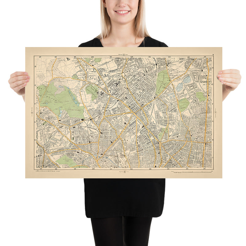 Mapa antiguo de Londres, 1900: Hampstead Heath, Camden, Highgate, Finsbury Park, Stoke Newington