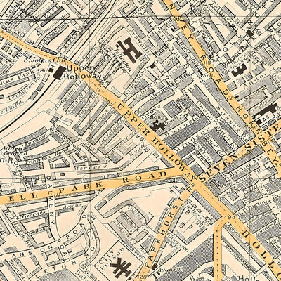 Mapa antiguo de Londres, 1900: Hampstead Heath, Camden, Highgate, Finsbury Park, Stoke Newington