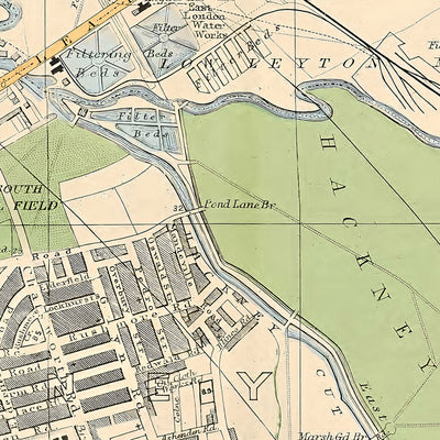 Mapa antiguo de Londres, 1900: Stamford Hill, Hackney Downs, Lea Bridge, Stratford, London Fields