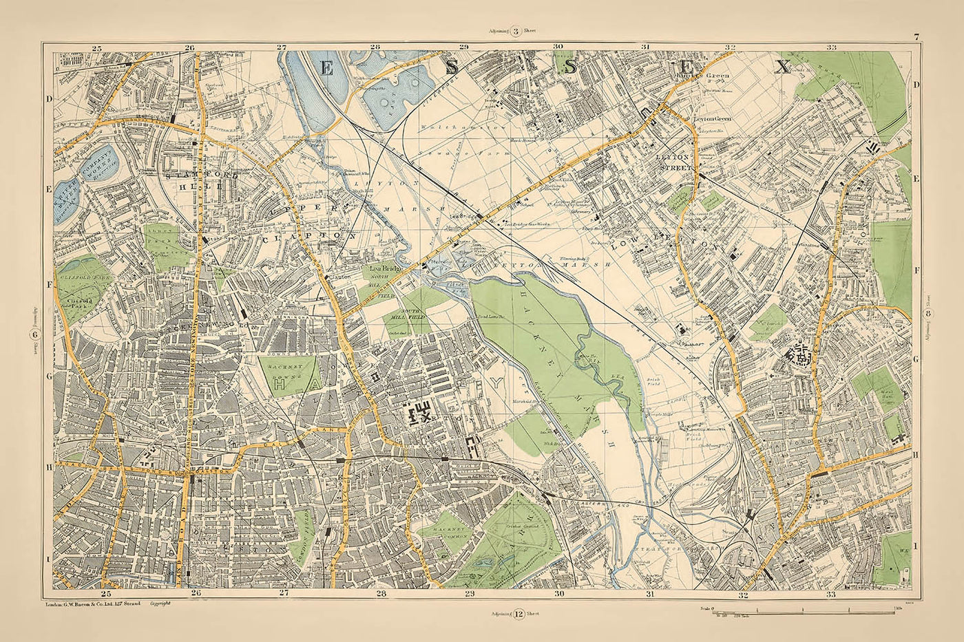 Mapa antiguo de Londres, 1900: Stamford Hill, Hackney Downs, Lea Bridge, Stratford, London Fields