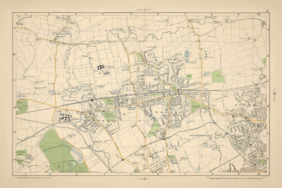 Mappa antica di West London, 1900: Hanwell, Ealing, Acton, Osterley Park, Gunnersbury Park 