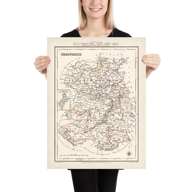 Old Map of Shropshire by Samuel Lewis, 1844: Telford, Shrewsbury, Oswestry, Bridgnorth, and Wellington