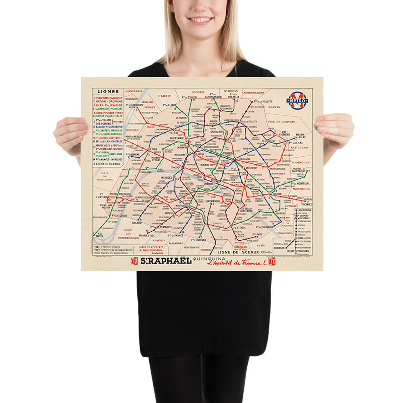 Old Simple Map of the Paris Metro, 1939: 14 Lines