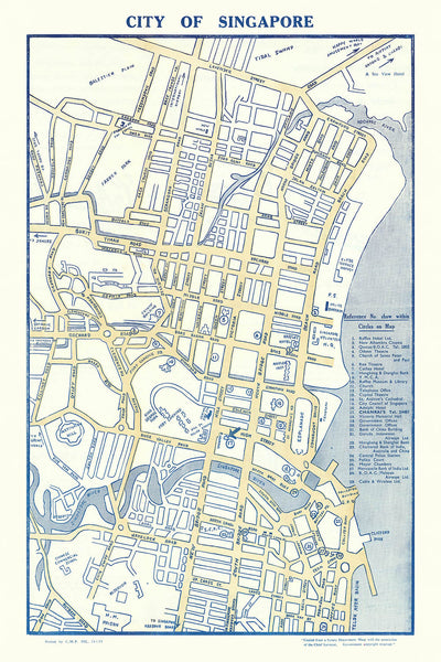 Alte Karte der Stadt Singapur, 1950: Downtown Core, Kampong Glam Malay Heritage District, Cross Street, Lavender Street, Happy World Amusement Park
