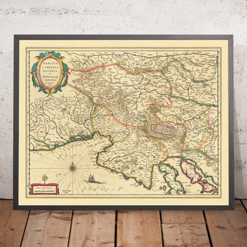 Old Map of Slovenia by Blaeu, 1640: Adriatic Sea, Gulf of Venice, Ljubljana, Trieste, Karst Plateau
