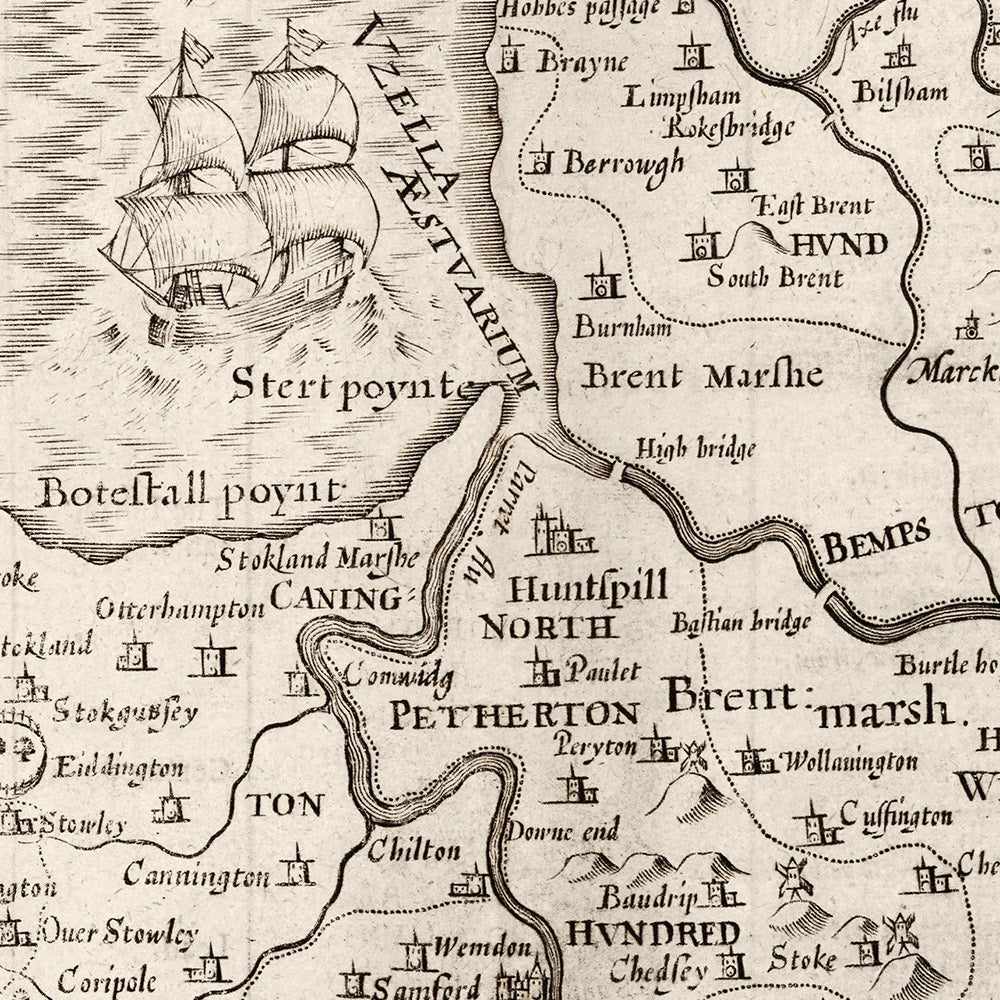 Viejo mapa de Somerset en 1611 por John Speed ​​- Bath, Portishead, Weston-Super-Mare, Taunton, Yeovil