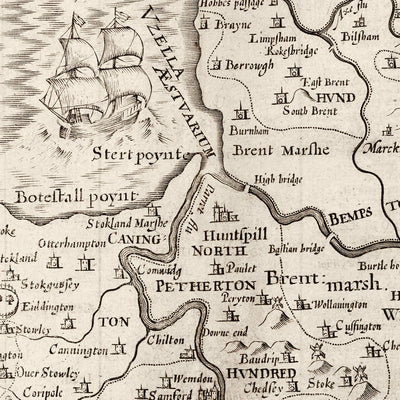 Viejo mapa de Somerset en 1611 por John Speed ​​- Bath, Portishead, Weston-Super-Mare, Taunton, Yeovil