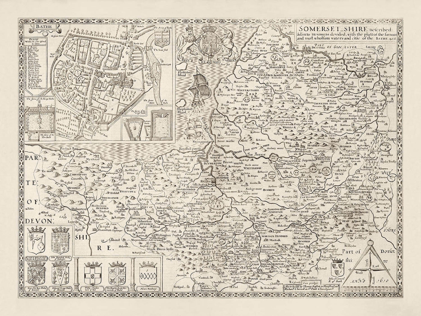 Viejo mapa de Somerset en 1611 por John Speed ​​- Bath, Portishead, Weston-Super-Mare, Taunton, Yeovil
