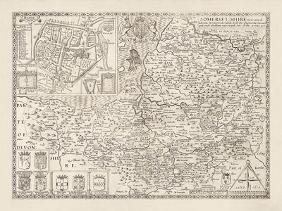Viejo mapa de Somerset en 1611 por John Speed ​​- Bath, Portishead, Weston-Super-Mare, Taunton, Yeovil