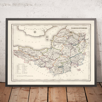Alte Karte von Somerset, England von Samuel Lewis, 1844: Bristol, Bath, Weston-super-Mare, Taunton und Yeovil 