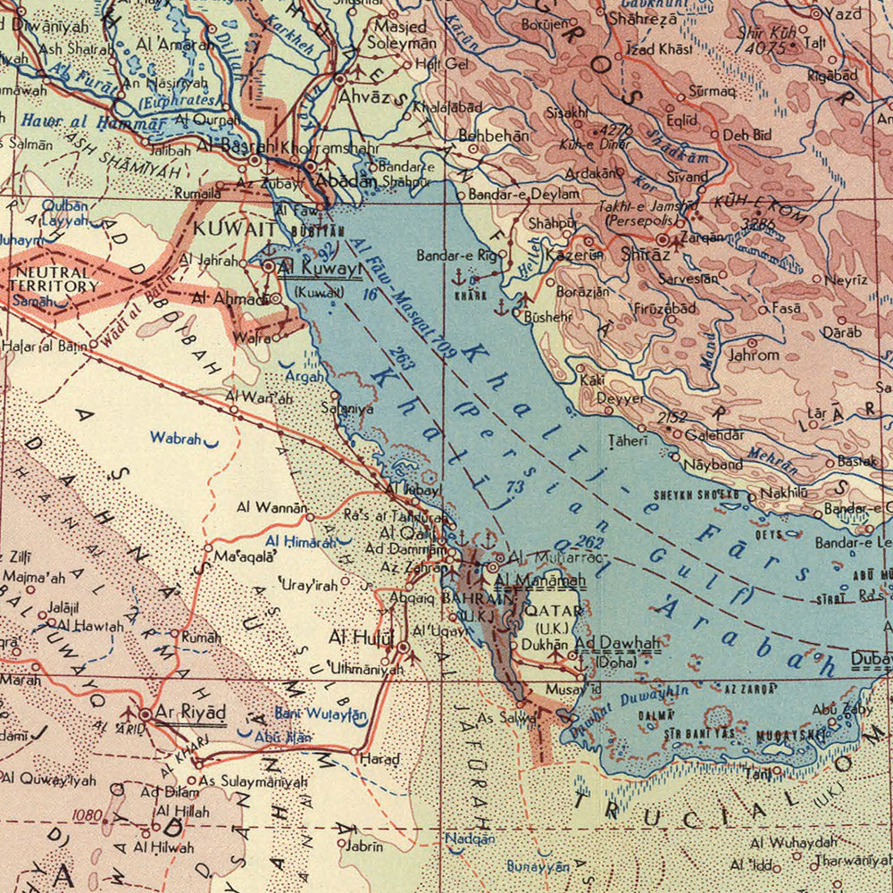 Carte du vieux monde de l'Asie du Sud-Ouest par le service topographique de l'armée polonaise, 1967 : carte politique et physique détaillée du Moyen-Orient