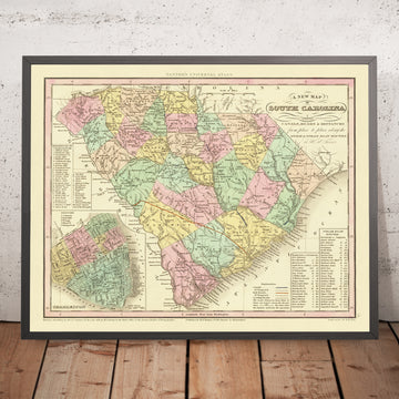 Ancienne carte de la Caroline du Sud par Tanner, 1836 : Charleston, Columbia, Camden, Georgetown et Beaufort