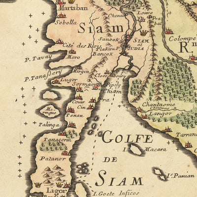 Antica mappa della Thailandia e dell'Indonesia di Pierre Du Val, 1686: Ayutthaya, Bangkok, Giava, Sumatra, Malacca 