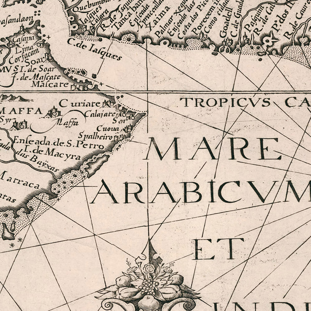 Ancienne carte du Moyen-Orient et de l'Asie du Sud par Linschoten, 1595 : détaillée, ornée, historiquement significative