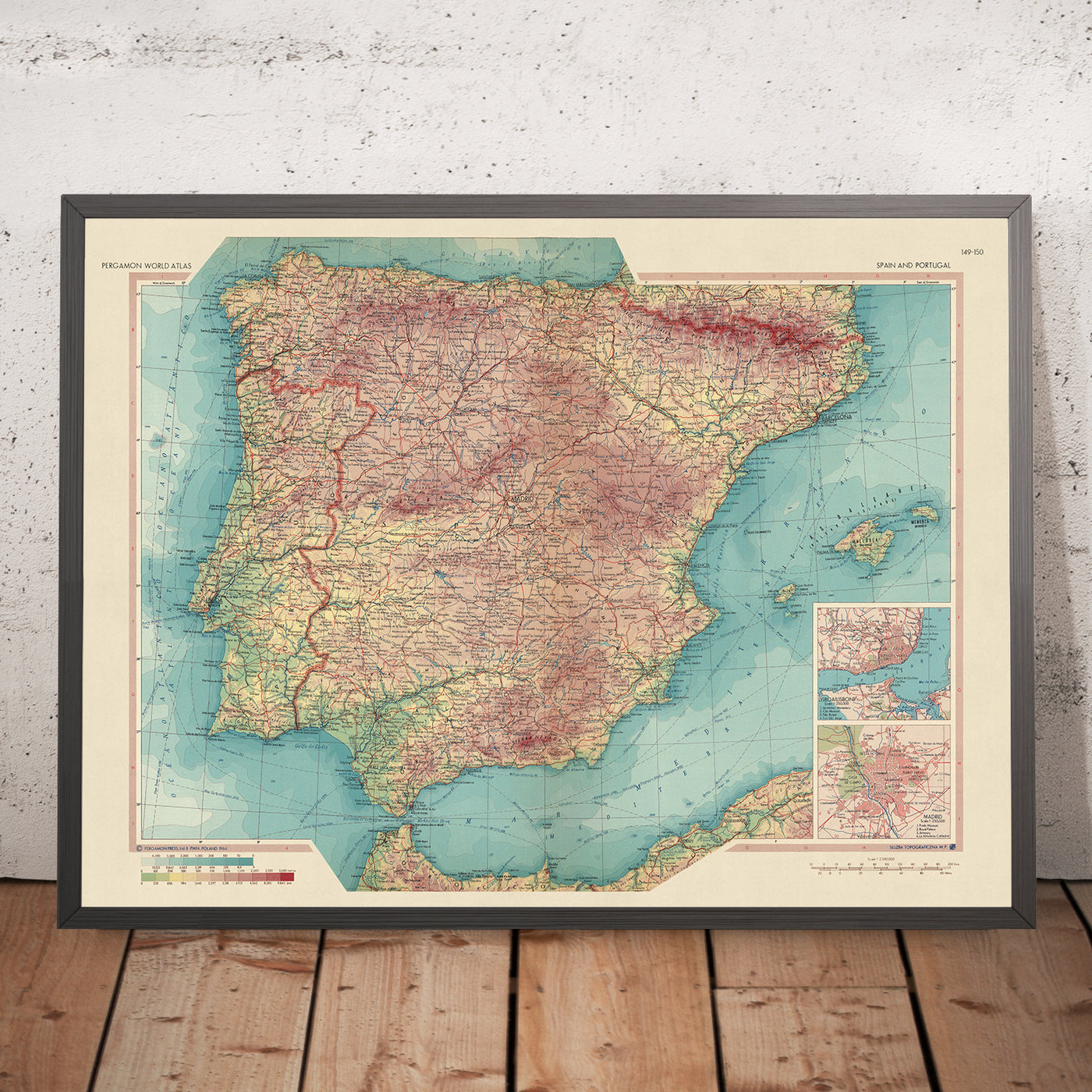 Alte Karte von Spanien und Portugal, 1967: Madrid, Barcelona, Valencia, Sevilla, Lissabon