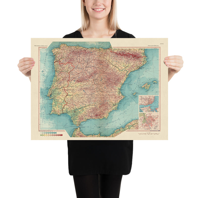 Ancienne carte de l'Espagne et du Portugal, 1967 : Madrid, Barcelone, Valence, Séville, Lisbonne