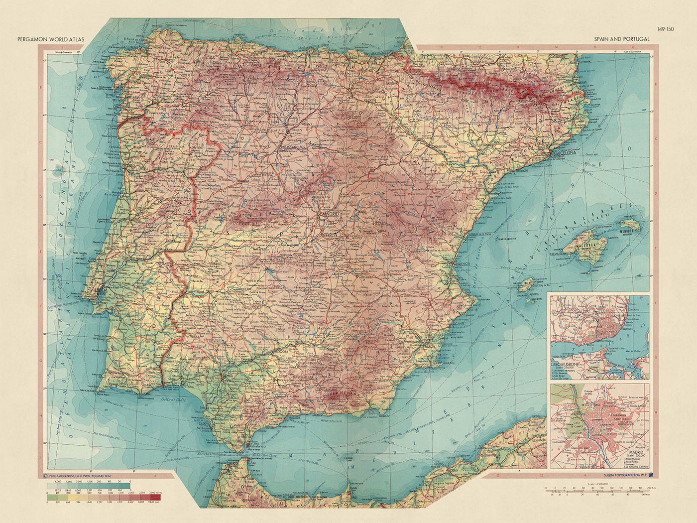 Old Map of Spain and Portugal, 1967: Madrid, Barcelona, Valencia, Seville, Lisbon