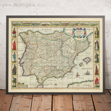 Antigua mapa de España y Portugal por Speed, 1626: Madrid, Lisboa, Gibraltar, mar de Bizkaia, vida cultural 
