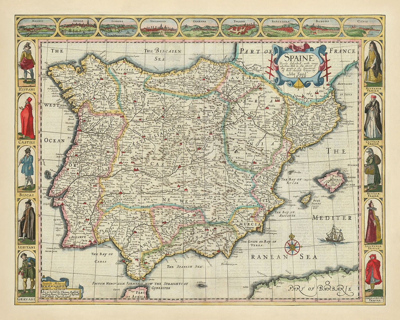 Old Map of Spain & Portugal by Speed, 1626: Madrid, Lisbon, Gibraltar, Biscayen Sea, Cultural Life