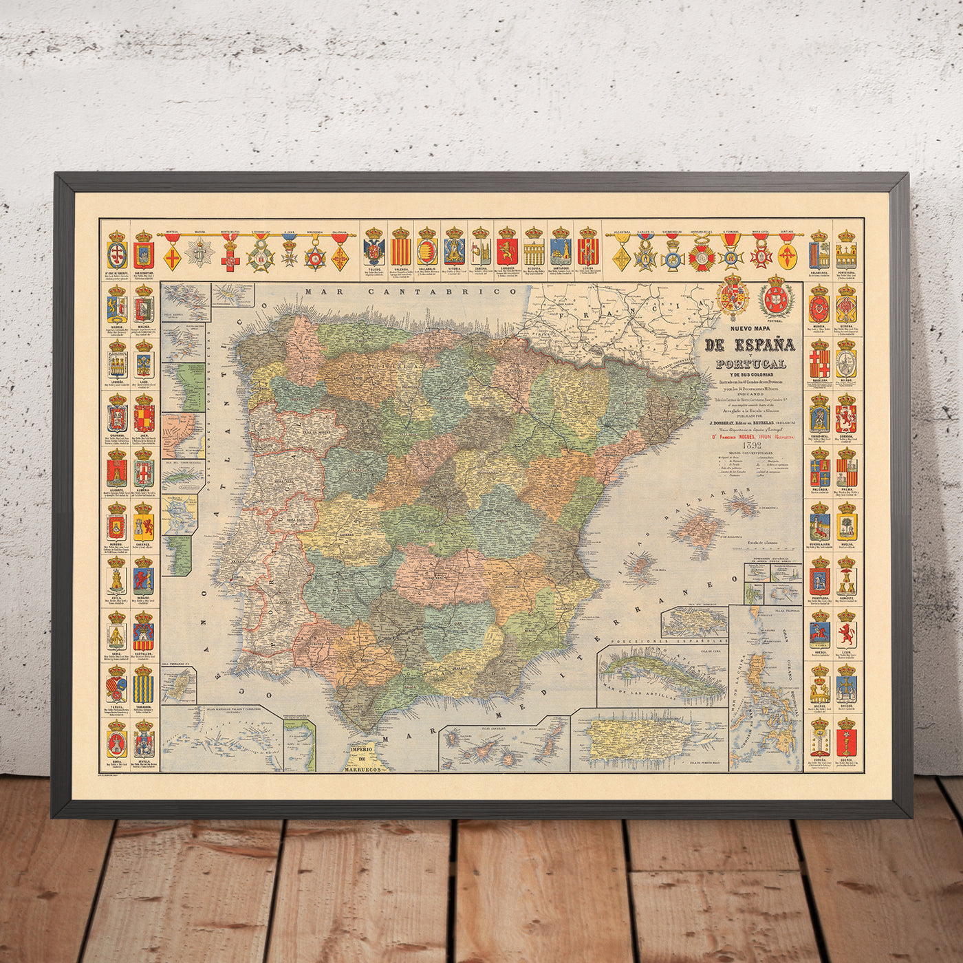 Ancienne carte de l'Espagne et du Portugal par Dosseray, 1892 : Empires, Colonies, Porto Rico, Philippines, Cuba