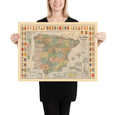 Ancienne carte de l'Espagne et du Portugal par Dosseray, 1892 : Empires, Colonies, Porto Rico, Philippines, Cuba