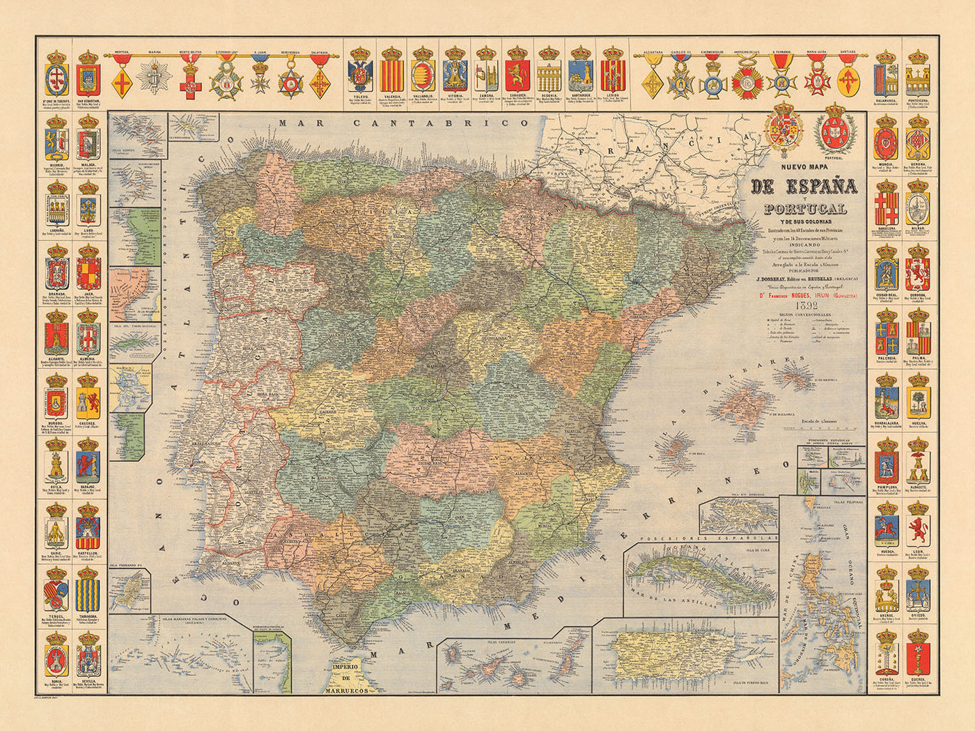 Old Map of Spain and Portugal by Dosseray, 1892: Empires, Colonies, Puerto Rico, Philippines, Cuba