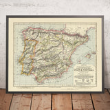 Alte Weinkarte von Spanien & Portugal, 1883: Rotwein, Weißwein, Likör-Weinbaugebiete 