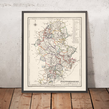 Alte Karte von Staffordshire von Samuel Lewis, 1844: Wolverhampton, Stoke-on-Trent, Lichfield, Tamworth, Cannock Chase 
