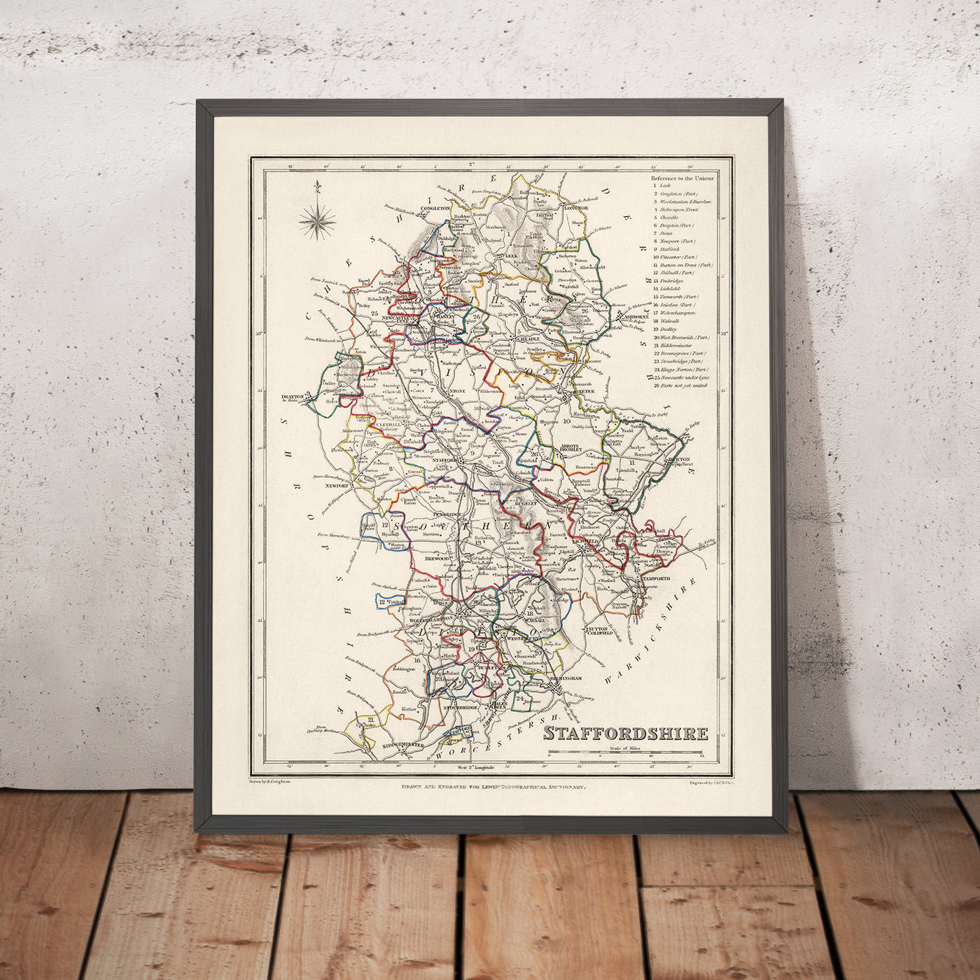 Mapa antiguo de Staffordshire por Samuel Lewis, 1844: Wolverhampton, Stoke-on-Trent, Lichfield, Tamworth, Cannock Chase