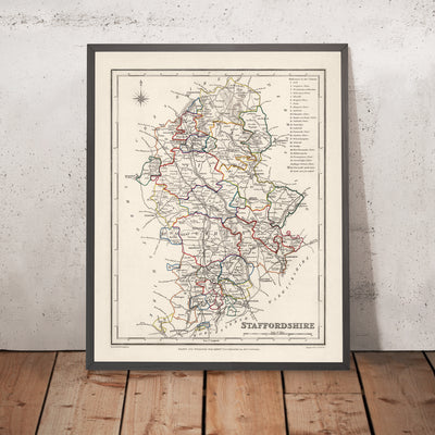 Mapa antiguo de Staffordshire por Samuel Lewis, 1844: Wolverhampton, Stoke-on-Trent, Lichfield, Tamworth, Cannock Chase