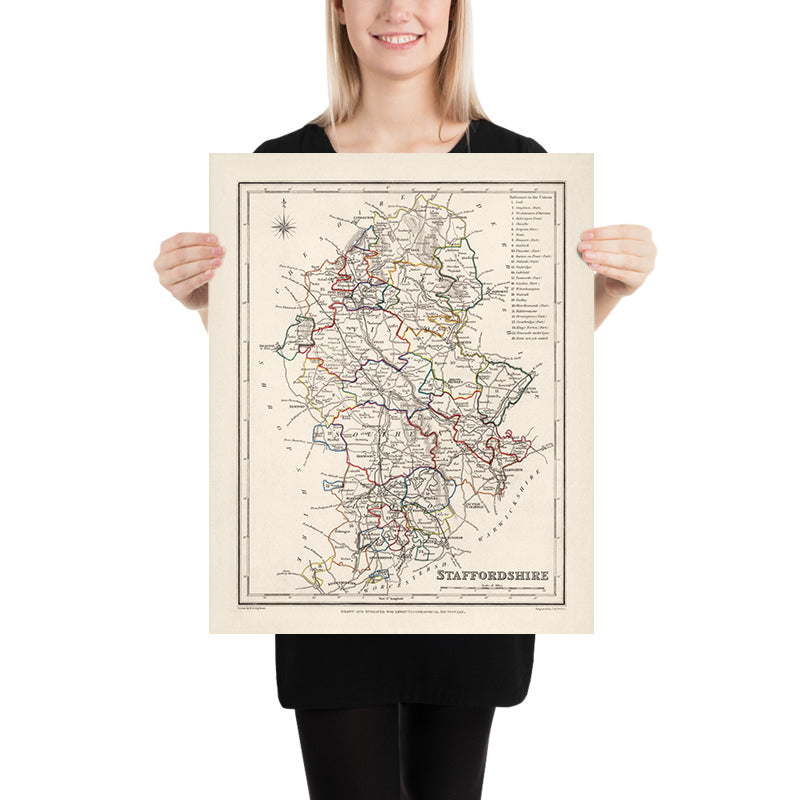 Mapa antiguo de Staffordshire por Samuel Lewis, 1844: Wolverhampton, Stoke-on-Trent, Lichfield, Tamworth, Cannock Chase