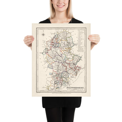 Mapa antiguo de Staffordshire por Samuel Lewis, 1844: Wolverhampton, Stoke-on-Trent, Lichfield, Tamworth, Cannock Chase