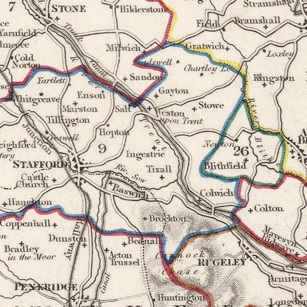 Mapa antiguo de Staffordshire por Samuel Lewis, 1844: Wolverhampton, Stoke-on-Trent, Lichfield, Tamworth, Cannock Chase