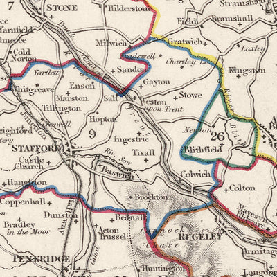 Mapa antiguo de Staffordshire por Samuel Lewis, 1844: Wolverhampton, Stoke-on-Trent, Lichfield, Tamworth, Cannock Chase