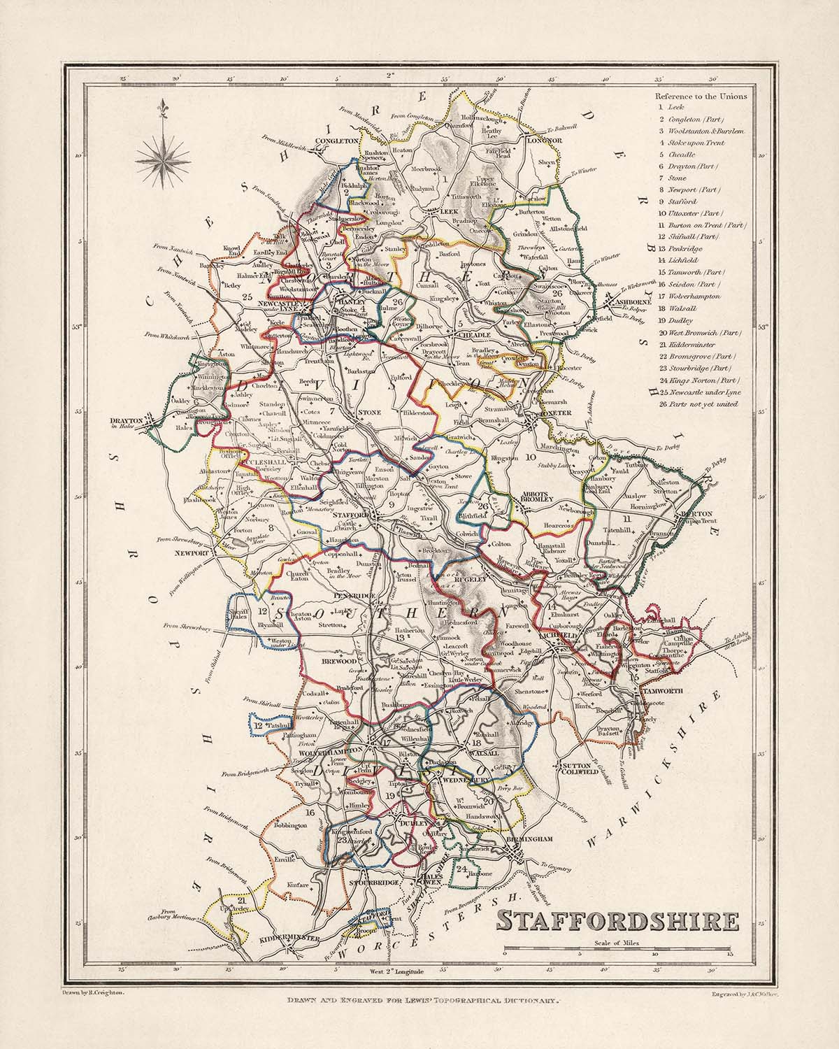 Mapa antiguo de Staffordshire por Samuel Lewis, 1844: Wolverhampton, Stoke-on-Trent, Lichfield, Tamworth, Cannock Chase