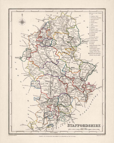 Mapa antiguo de Staffordshire por Samuel Lewis, 1844: Wolverhampton, Stoke-on-Trent, Lichfield, Tamworth, Cannock Chase