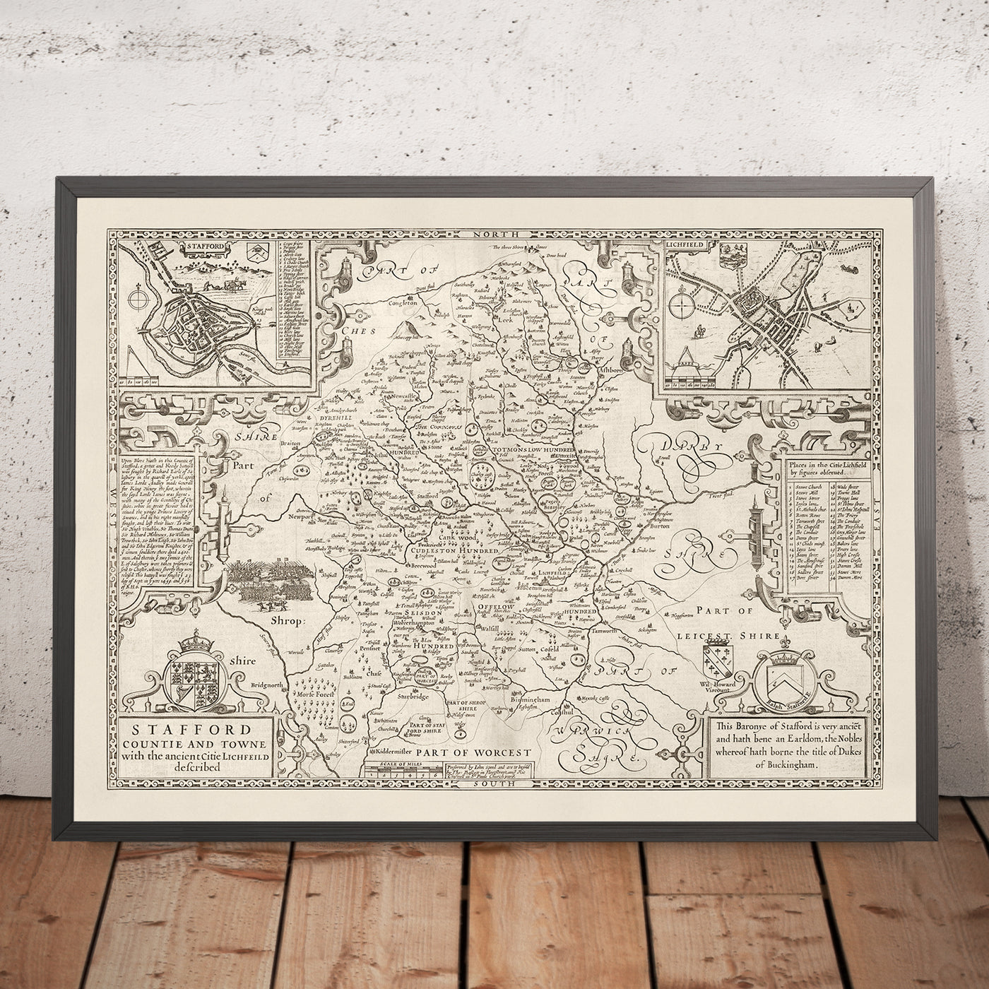 Old Monochrome Map of Staffordshire, 1611 by John Speed - Stafford, Wolverhampton, Stoke-on-Trent, Birmingham, Walsall, Dudley