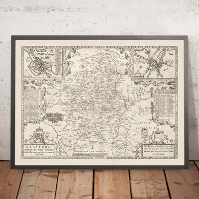 Old Monochrome Map of Staffordshire, 1611 by John Speed - Stafford, Wolverhampton, Stoke-on-Trent, Birmingham, Walsall, Dudley