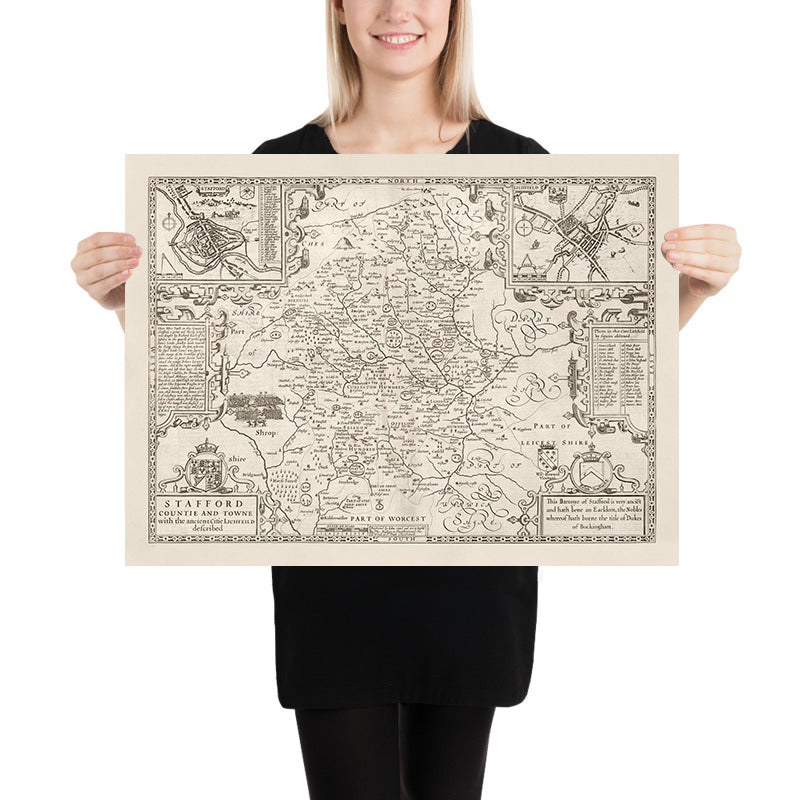 Old Monochrome Map of Staffordshire, 1611 by John Speed - Stafford, Wolverhampton, Stoke-on-Trent, Birmingham, Walsall, Dudley