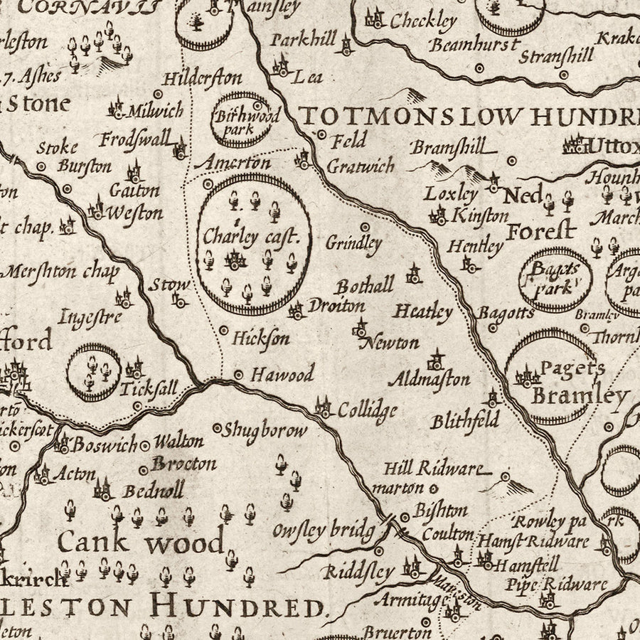 Old Monochrome Map of Staffordshire, 1611 by John Speed - Stafford, Wolverhampton, Stoke-on-Trent, Birmingham, Walsall, Dudley