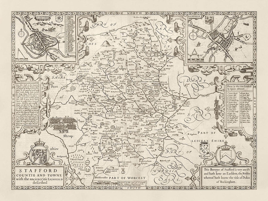 Old Monochrome Map of Staffordshire, 1611 by John Speed - Stafford, Wolverhampton, Stoke-on-Trent, Birmingham, Walsall, Dudley