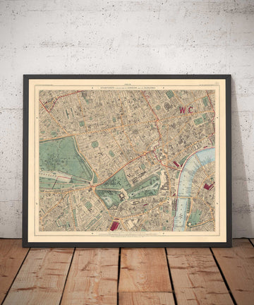 Ancienne carte en couleur du centre de Londres, 1891 - Mayfair, Oxford Street, Westminster, Knightsbridge, Waterloo - W1, WC1, WC2, SW1, W2