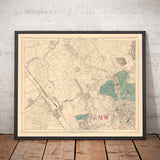 Antiguo mapa en color del norte de Londres, 1891 - Hampstead, Cricklewood, Golders Green, Brent - NW2, NW3, NW11, NW4