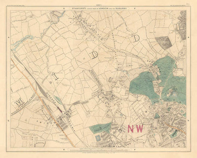 Alte Farbkarte von Nord-London, 1891 - Hampstead, Cricklewood, Golders Green, Brent - NW2, NW3, NW11, NW4