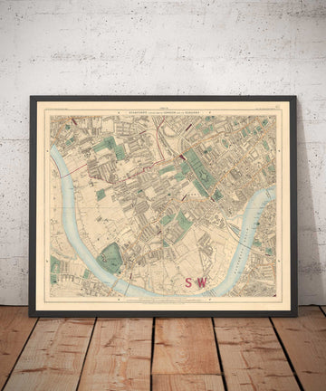 Antiguo mapa en color del oeste de Londres, 1891- Fulham, Brompton, Battersea, Hammersmith - SW6, SW10, SW15, SW18, SW10, SW11, SW5, W6 W14