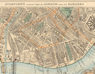 Ancienne carte en couleur du sud de Londres en 1891 - Battersea, Chelsea, Oval, Stockwell, Wandsworth - SW3, SW1, SE11, SW8, SW11, SW9, SW4