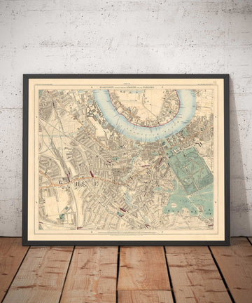 Antiguo mapa en color del sur de Londres en 1891 - Greenwich, Deptford, New Cross, Telegraph Hill, Blackheath - SE8, SE14, SE10 SE4 SE13