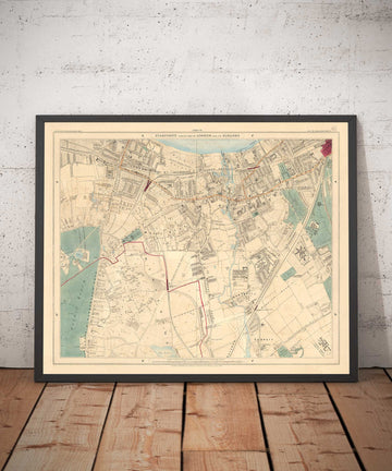 Mappa dei colori antica di South London, 1891 - Wandsworth, Wimbledon, Putney, Earlsfield, Fiume Wandle - SW15, SW18, SW19 