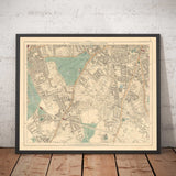 Old Colour Map of South London, 1891 - Clapham, Balham, Brixton, Tooting, Common, Park - SW2, SW4, SW12, SW17, SW11